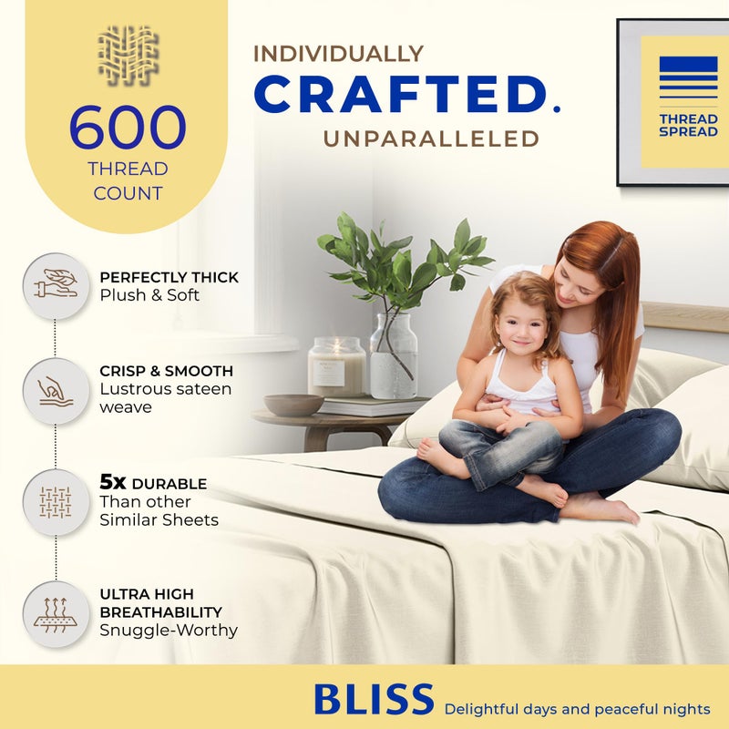 THREAD SPREAD 100% Egyptian Cotton Sheets Set Twin - 600 Thread Count Sheets Twin, 3 PC Deep Pocket Twin Sheets, Soft, Cooling Sateen Weave Extra Long Twin Sheets Set for Dorm, 16" Deep Pocket - Ivory - Image 2